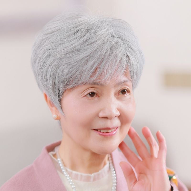 奶奶花白假发蓬松短发表演白发假发套老人整顶花白真发全头套透气