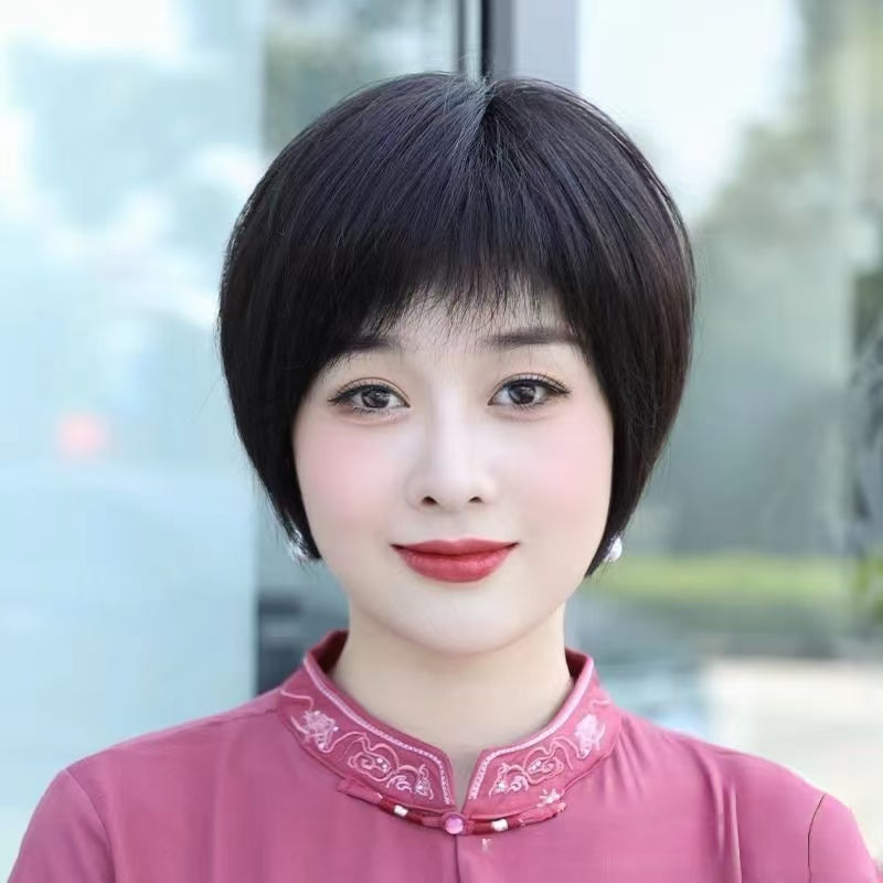 中老年人發女修顏波波短款媽媽遮蓋白頭全發手織全頭套全手織假髮