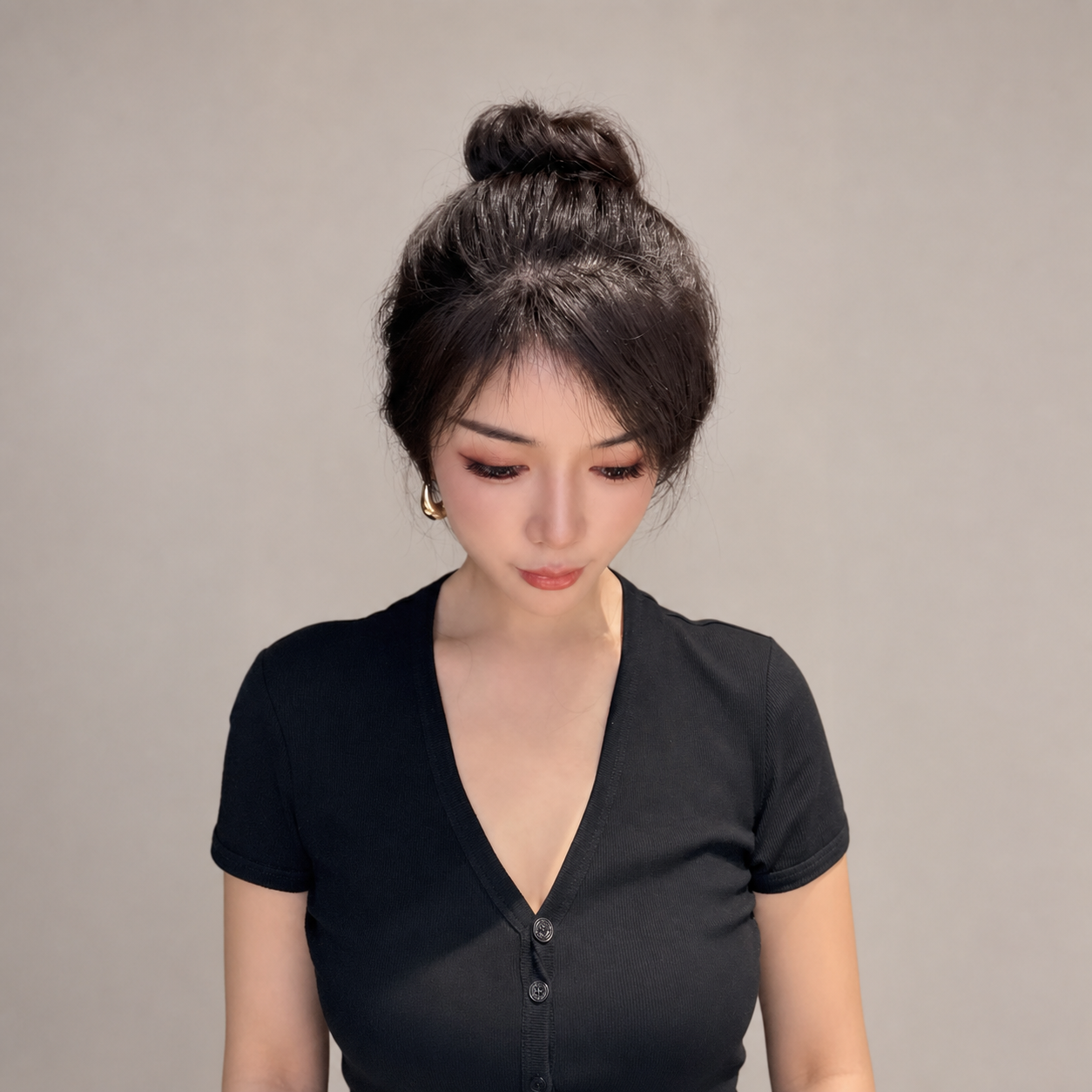 丸子頭偏分大波浪全真髮